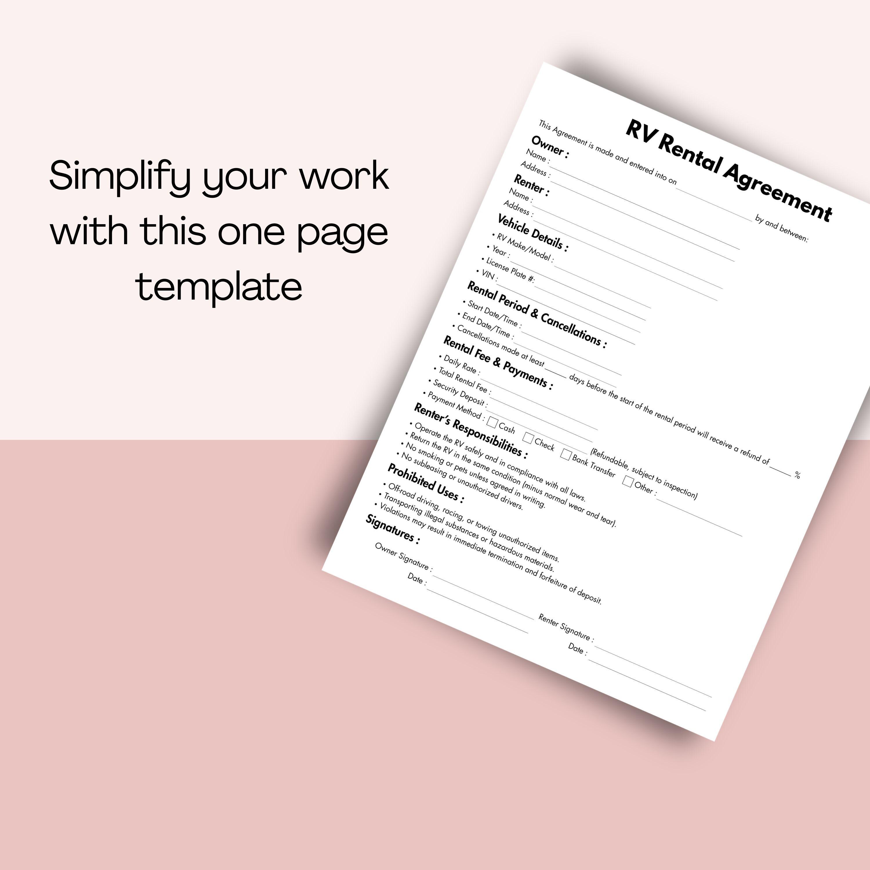 RV Rental Agreement, Printable Camper Rental Agreement Form Template ...