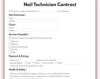 Nail Technician Contract, Printable Nail Tech Consultation Form Template, Editable Manicure & Pedicure Nail Agreement Instant Download