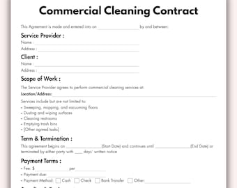 Contrat de nettoyage commercial, modèle de formulaire de contrat de nettoyage imprimable, téléchargement immédiat de nettoyage de bureau de conciergerie pour agents immobiliers modifiable