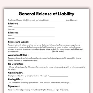 General Release of Liability, Printable Informed Consent Form Template, Editable Damage Waiver, Hold Harmless Form Instant Digital Download