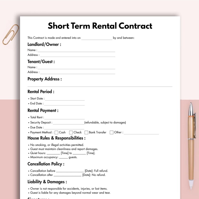 Short Contract Short Term Rental Contract, Printable Airbnb Contract Form Template ...