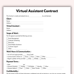 Op de afbeelding: Een witte Virtual Assistant Contract sjabloon met zwarte tekst. Het contract bevat secties voor klant- en virtuele assistent-informatie, werkingssfeer, werkuren, communicatie, betalingsvoorwaarden en vertrouwelijkheid.