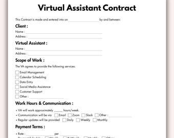 Virtueller Assistentenvertrag, druckbare Vorlage für eine Vereinbarung über freiberufliche Assistenten, bearbeitbare persönliche Assistentendienste, sofortiger Download