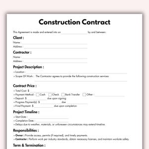 Construction Contract, Printable Construction Agreement Form Template, Editable Basic Construction work contract Instant Digital Download