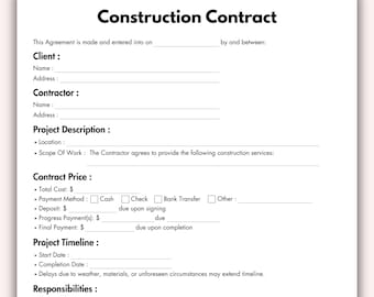 Construction Contract, Printable Construction Agreement Form Template, Editable Basic Construction work contract Instant Digital Download