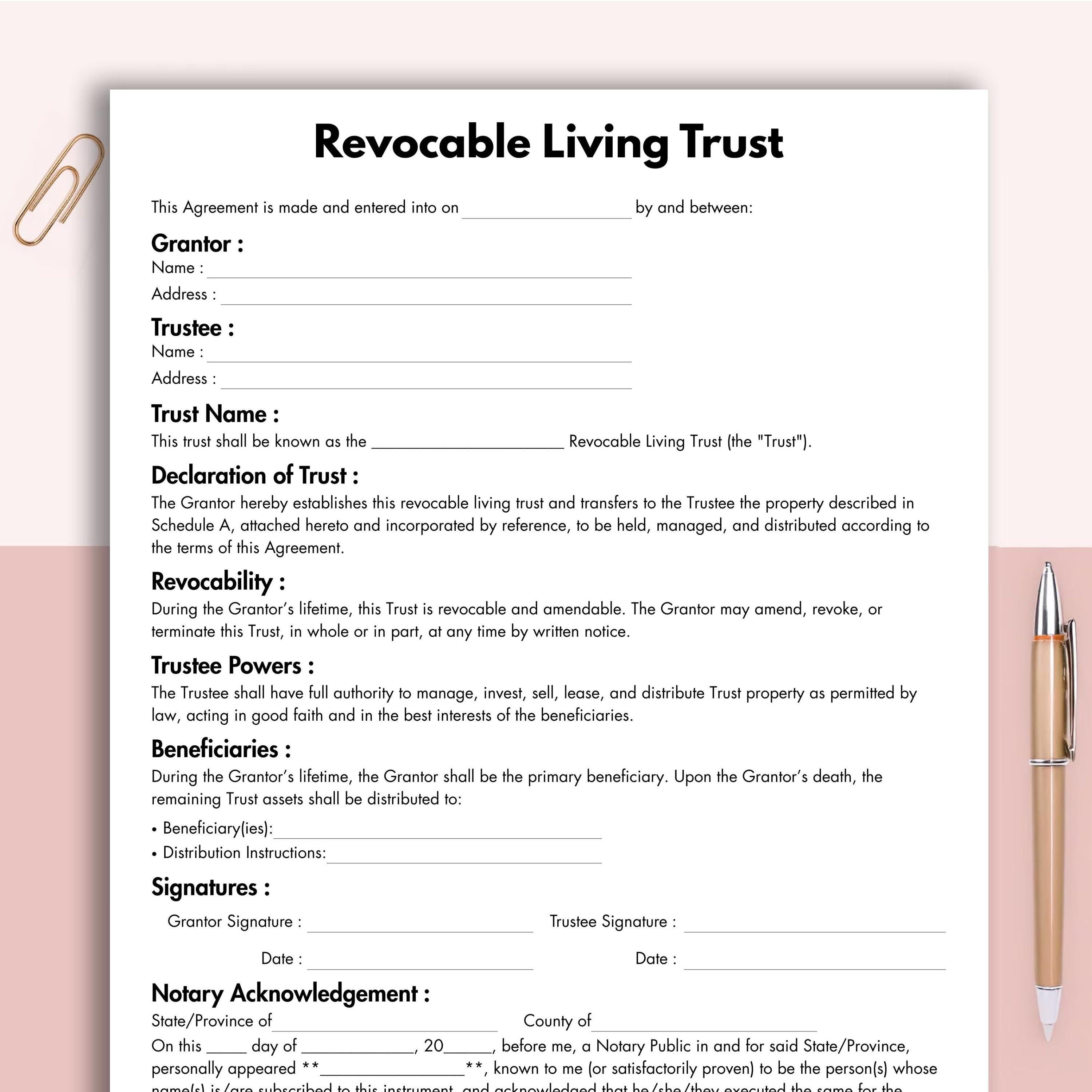 Revocable Living Trust, Printable Living Trust Agreement, Trust ...