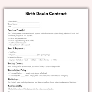 Contratto di doula per la nascita, modello di contratto di supporto al travaglio stampabile, contratto di servizi aziendali di doula modificabile, download digitale immediato