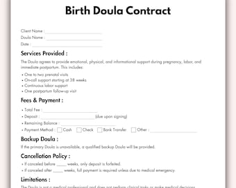 Birth Doula Contract, Printable Labor Support Contract Form Template, Editable Doula Business Services Agreement, Instant Digital Download