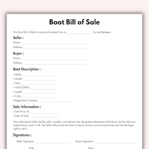 Boat Bill of Sale, Printable Private Ship Sale Form Template, Editable Bill of Sale Record, Boat Transfer Ownership Instant Digital Download