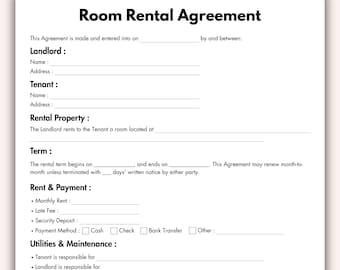 Room Rental Agreement, Printable Room Tenancy Agreement Form Template, Editable Roommate Room Rental Agreement, Landlord Instant Download