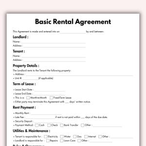 May include: A printed "Basic Rental Agreement" form with sections for landlord, tenant, and property details. The document includes fields for lease terms, rent payment, and utilities. The title is in a bold, dark green font.