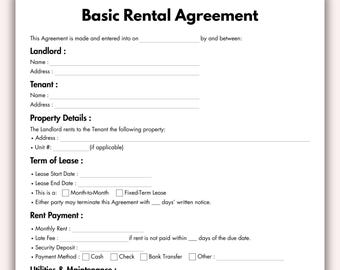 Basic Rental Agreement, Printable Landlord Form Template, Editable Lease Contract, Simple Rental Contract Instant Digital Download