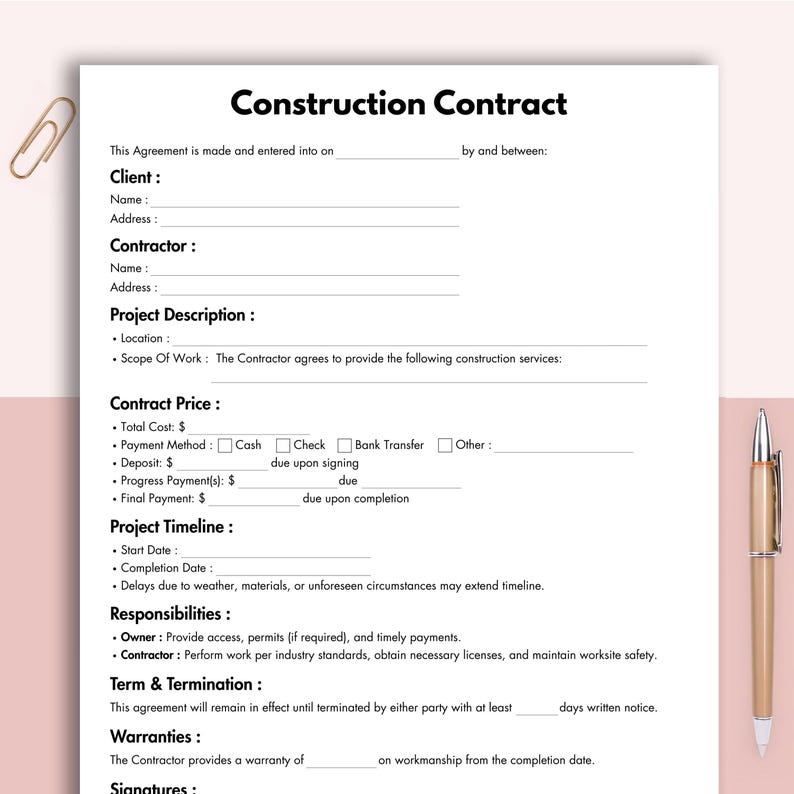 Construction Contract, Printable Construction Agreement Form Template ...