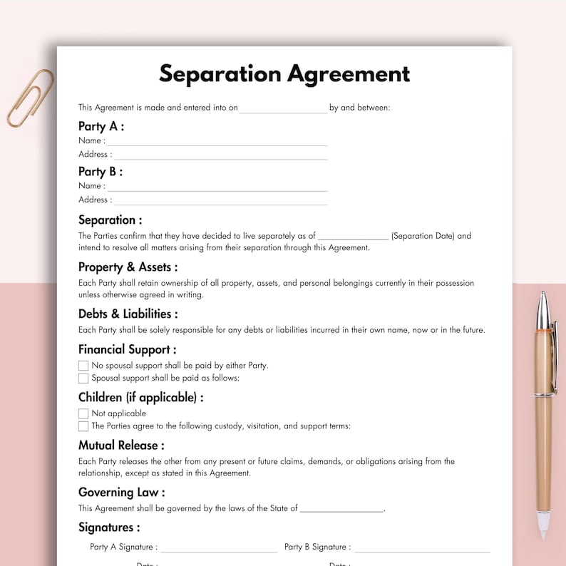 Separation Agreement, Printable Property Division, Child Custody ...