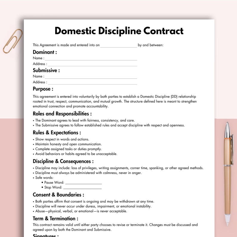 Domestic Discipline Contract, Printable DD Agreement Form Template ...