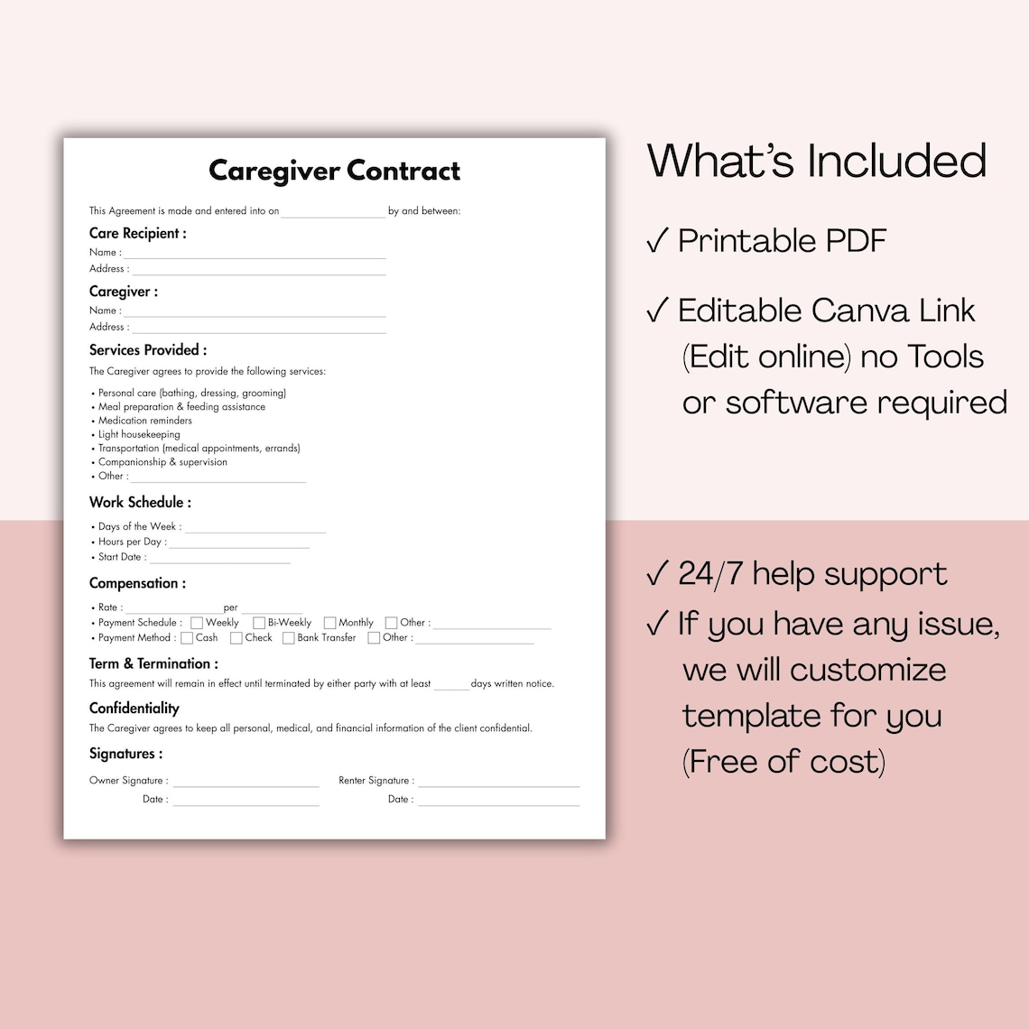 Caregiver Contract, Printable Nanny Contract Template, Editable Elder