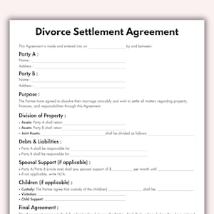 Schikkingsovereenkomst echtscheiding, afdrukbare sjabloon huwelijksontbindingsformulier, bewerkbaar formulier voor vloeiende scheiding, direct digitale download