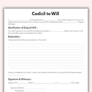 Codicil to Will, Printable Will Codicil Template, Editable Testament Form, Last Will Testament Codicil Contract Document Instant Download