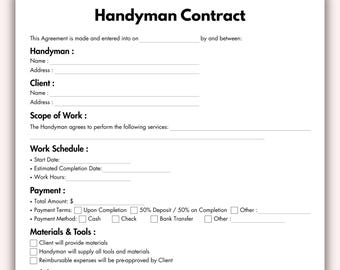Contrato de manitas, plantilla imprimible de contrato de construcción general, presupuesto editable para subcontratista de manitas, descarga digital instantánea.
