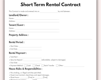 Short Term Rental Contract, Printable Airbnb Contract Form Template, Editable House Rental Services Agreement, Room Rental Instant Download