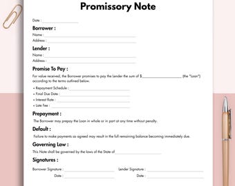 Pagaré, plantilla de contrato de préstamo personal imprimible, pagaré digital editable para formulario de pago, descarga instantánea.