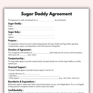 Könnte beinhalten: Ein gedrucktes Dokument mit dem Titel „Sugar Daddy Agreement“ mit auszufüllenden Abschnitten für Namen, Adressen und Vertragsdetails. Das Dokument umreißt Gesellschaft, finanzielle Unterstützung, Grenzen und Vertraulichkeit. Der Text ist schwarz auf weißem Hintergrund.