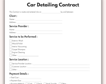 Car Detailing Contract, Printable Detailing Service Terms Form Template, Editable Auto Vehicle Detailing Agreement Instant Digital Download