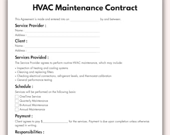 Contrato de Manutenção de HVAC, Modelo de Contrato de Serviço de Aquecimento e Refrigeração para Imprimir, Contrato de Ar Condicionado Editável para Download Imediato