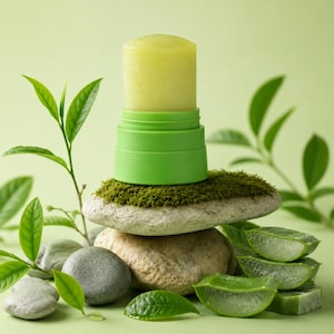 Può includere: Un prodotto in stick cilindrico verde chiaro con una parte superiore in balsamo giallo traslucido, poggiato su una pietra piatta coperta di muschio verde scuro. La composizione include ciottoli grigi lisci, foglie di tè verde e pezzi di aloe vera.