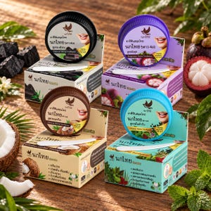 NOKTHAI Thai Herbal Tandkräm Set, 4 x 25g – Original Herbal, Träkol, Mangostan & Kokosnöt