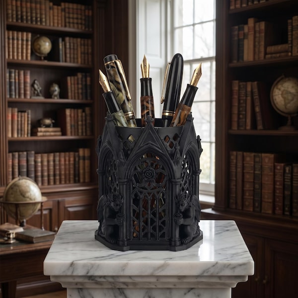 Gothic Gargoyle Pen Holder | Dark Academia Cathedral Desk Organizer | Medieval Office Decor