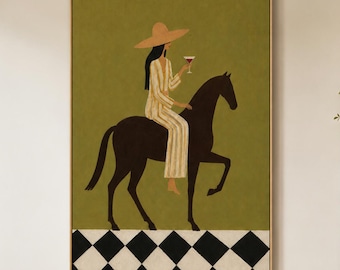 Whimsical Woman And Horse Original Oil Painting, Mid-Century Vintage Abstract Olive Green Canvas Art, Large Figurative Equestrian Wall Art