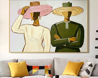 Couple Portrait with Hats Oil Painting, Vintage Minimalist Figure Canvas Art In Green & Pink, Large Folk Western Modern Entryway Wall Decor
