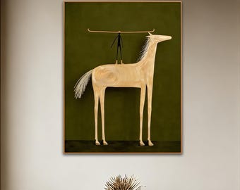 Vintage Abstract Horse Rider Oil Painting, Large Equestrian Green Minimalist Canvas Art, Figurative Statement Folk Wall Art