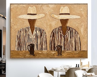Abstract Couple Coffee Hand-Painted Oil Painting, Vintage Textured Minimalist Figures Canvas Art, Large Neutral Mid-Century Folk Wall Decor
