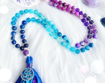 108 Mala Necklace Mystical Love Sari Silk tassel. Ombre Boho Necklace 8mm Moonstone Rose Quartz Lapis Amethyst, prayer beads meditation