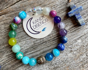 Intuition Buddha Bracelet Gemstone Mala, develop psyquic gifts, Wisdom ॐ Crystal bracelet Moonstone Jasper Lapis Fluorite, spiritual gifts