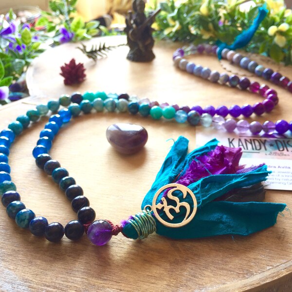 Mystical Child 108 Mala necklace Sari Silk Tassel, Japa Mala, Amethyst Lapis lazuli Mala, Meditation necklace yoga, Yoga gifts, Quartz Mala