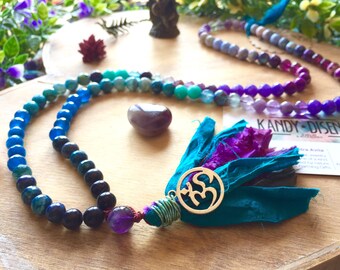 Mystical Child 108 Mala necklace Sari Silk Tassel, Japa Mala, Amethyst Lapis lazuli Mala, Meditation necklace yoga, Yoga gifts, Quartz Mala