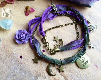 Moon Stars Wrap bracelet. Multiway 3 in 1 Bohemian Sari Silk Necklace Bracelet Anklet. Moon Stars jewelry. Boho jewelry. Moon Stars bracelet