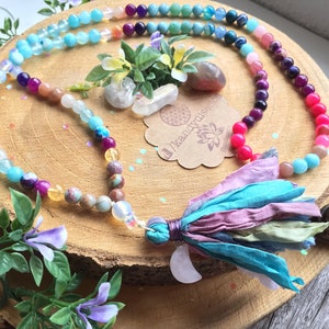 Mermaid Mala Necklace 108 beads Japa Mala with Sari Silk tassel Crystal Moon Prayer Beads Citrine Moonstone Amazonite, Yoga, meditation Rose quartz