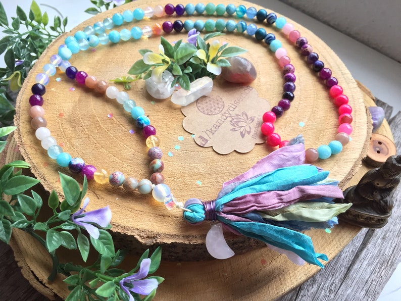 Mermaid Mala Necklace 108 beads Japa Mala with Sari Silk tassel Crystal Moon Prayer Beads Citrine Moonstone Amazonite, Yoga, meditation Rose quartz