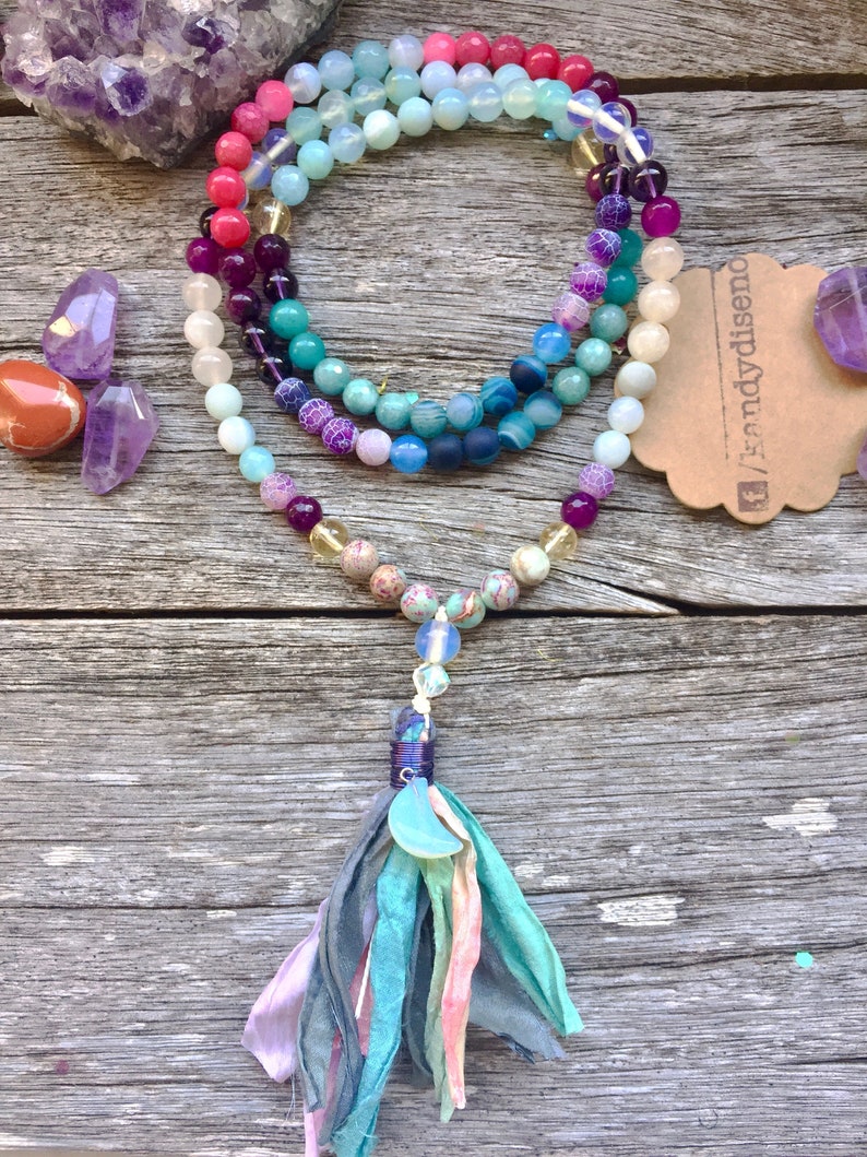 Mermaid Mala Necklace 108 beads Japa Mala with Sari Silk tassel Crystal Moon Prayer Beads Citrine Moonstone Amazonite, Yoga, meditation image 3