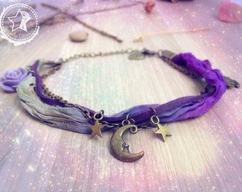 Moon Stars ankle bracelet. Purple bohemian anklet. Moon jewelry Sari silk, boho anklet owl, stars anklet women, Ibiza jewelry beach summer