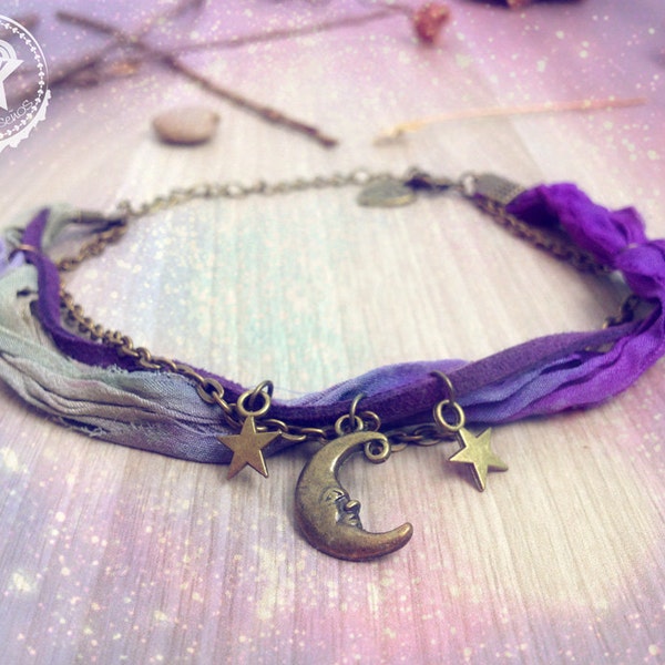 Moon Stars ankle bracelet. Purple bohemian anklet. Moon jewelry Sari silk, boho anklet owl, stars anklet women, Ibiza jewelry beach summer