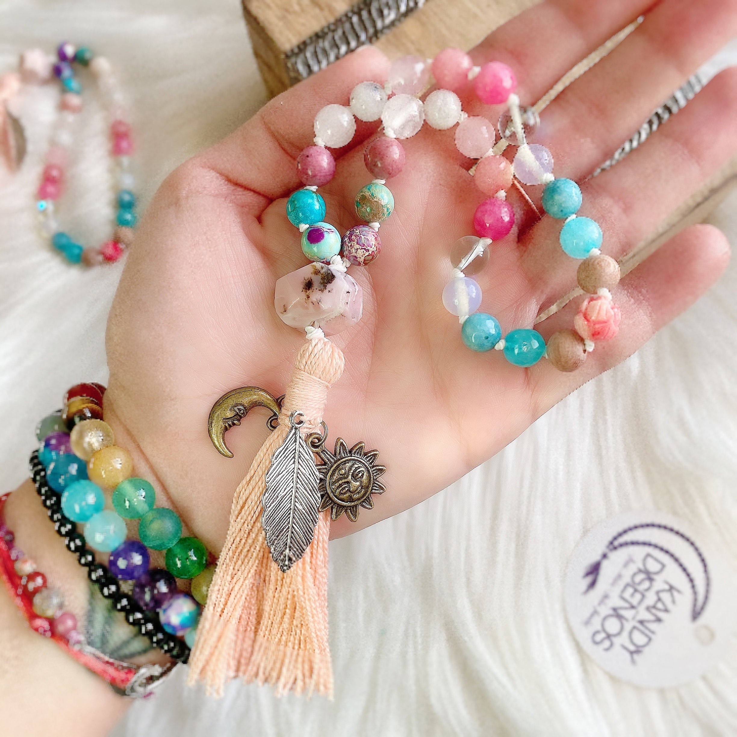 Mini Mala Beads Mint Amazonite /& Rose Quartz 27 Prayer Beads Knotted Coral Tassel Heart Chakra Yoga Meditation Moss Agate Guru