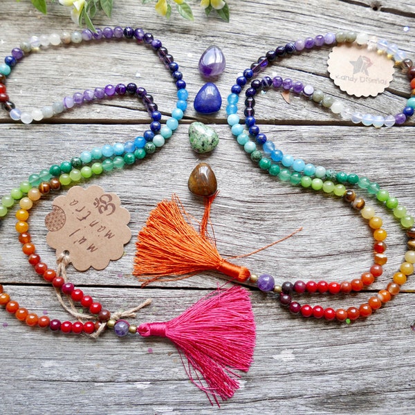 Chakras 108 Mala Necklace with Tassel. Chakra Mala: Chakra Stones Mala, Chakra Jewelry, 108 Mala beads, 8mm Quartz Japa Mala 7 Chakras Heal