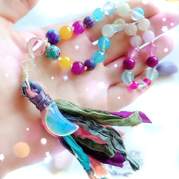 Mermaid Pocket Mala with 27 / 54 / 45 beads. Japa Mala with Sari Silk tassel Crystal Glowing Moon. Jasper Moonstone Prayer Beads. Holy Codes