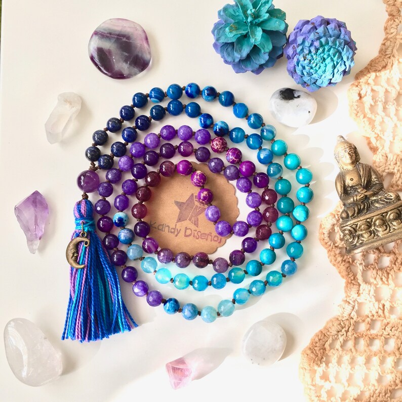 Moon 108 Mala Necklace 6mm/8mm with tassel. Amethyst Lapislazuli Quartz Mala, 108 Mala beads, Yoga gift, Quartz Japa Mala, Yoga jewelry moon image 1