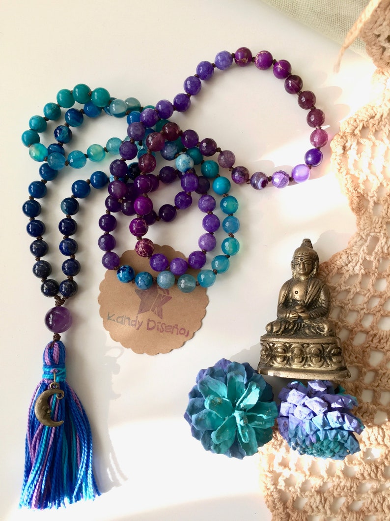 Moon 108 Mala Necklace 6mm/8mm with tassel. Amethyst Lapislazuli Quartz Mala, 108 Mala beads, Yoga gift, Quartz Japa Mala, Yoga jewelry moon image 7